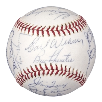1975 Baltimore Orioles Team Signed Official American League MacPhail Baseball With 25 Signatures Including B. Robinson, Palmer & Weaver (JSA)
